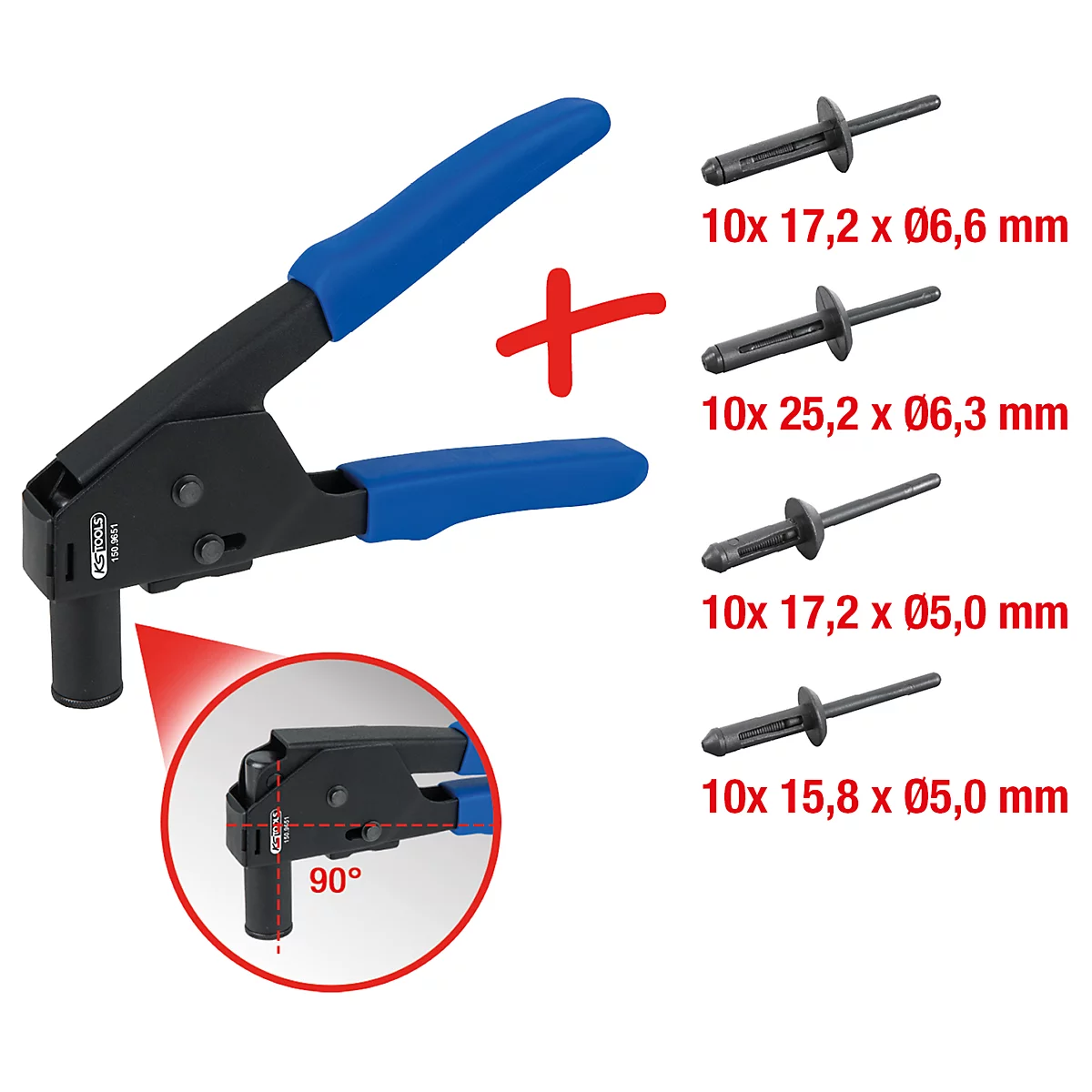 Schwarze Nietzange mit blauen Griffen, daneben Nieten in verschiedenen Größen. Detail mit 90° Winkel dargestellt.